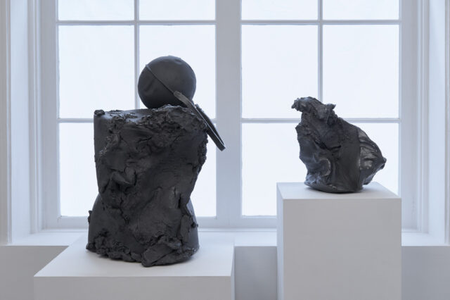 Left: Ball and Reclaim 
black stoneware
2019
24” x 29” 
Right: Torn Time
black stoneware
2019
12” x 16” 