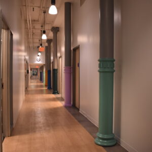 Hallway with multicolored pillars