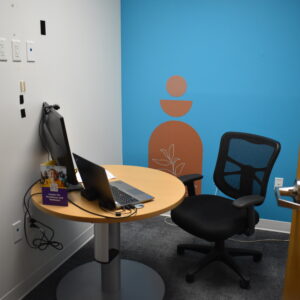 Telehealth treatment room with a desk, computer with camera and desk chair. Blue wall with brown wall art.